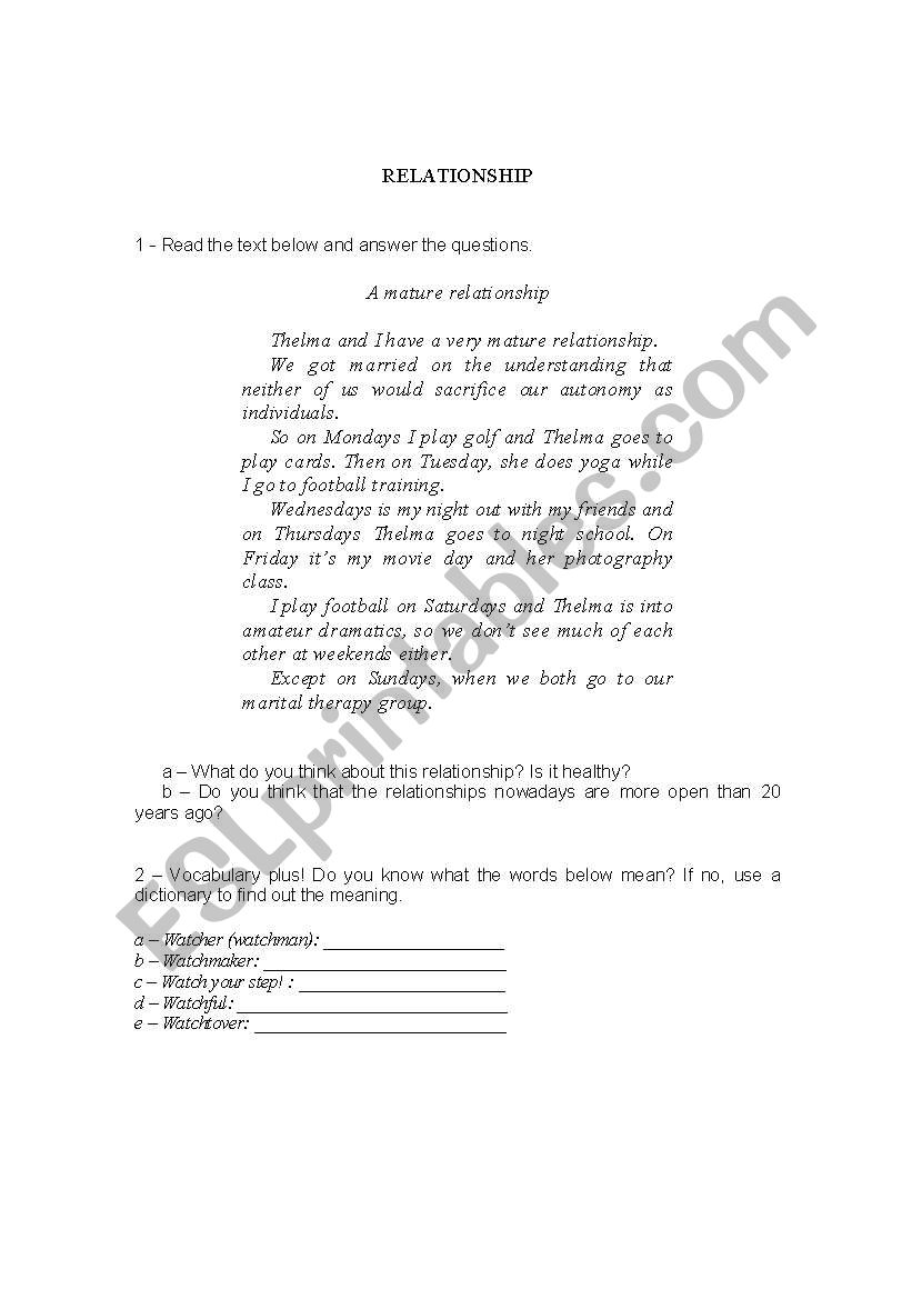 RELATIONSHIP worksheet