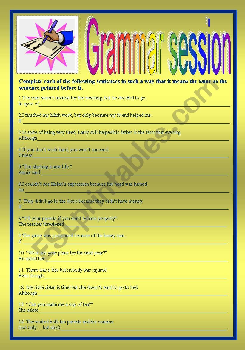 GRAMMAR: refrasing exercise worksheet