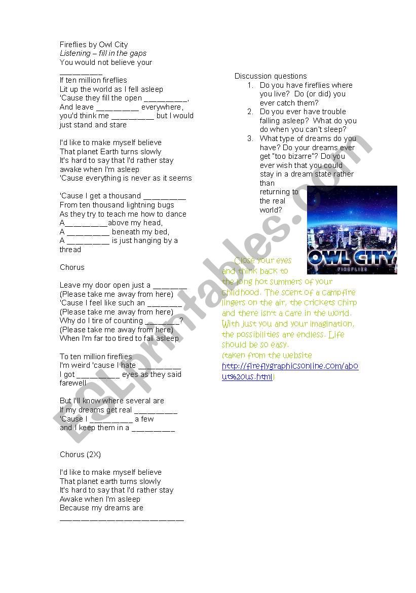 Fireflies by Owl City worksheet