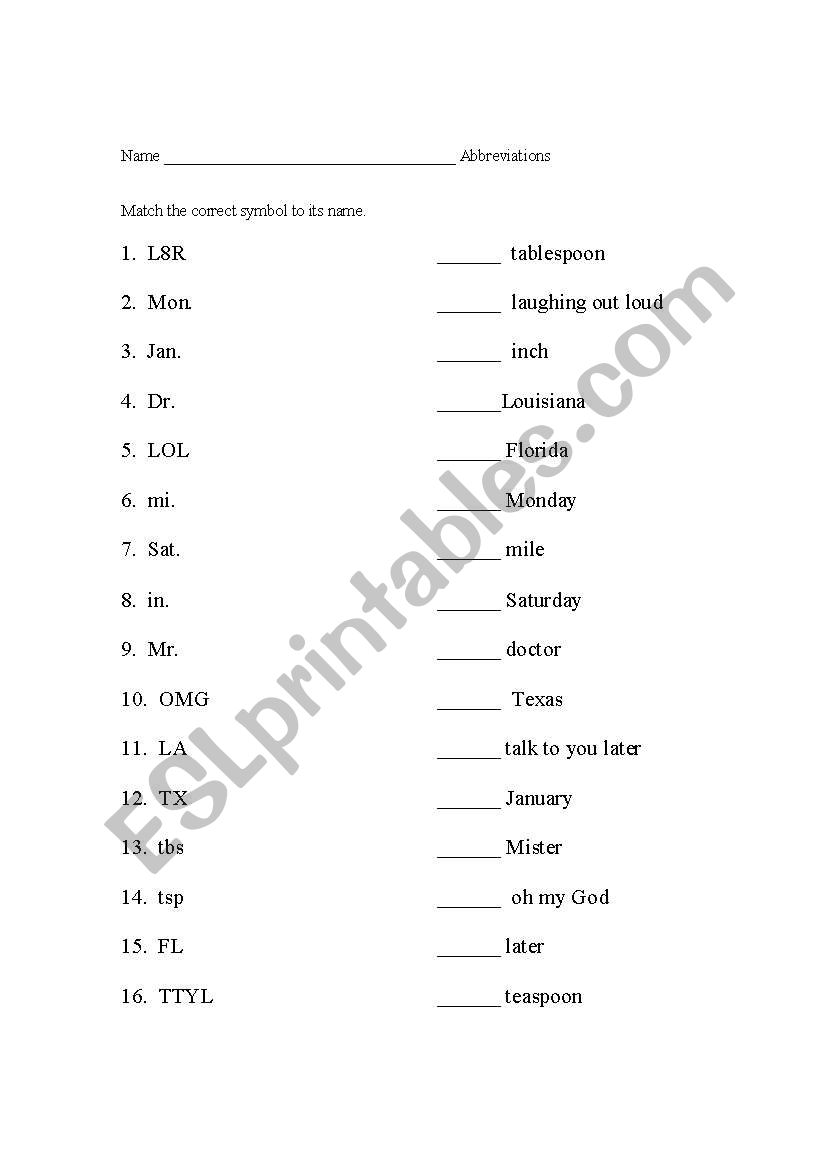 Abbreviations worksheet