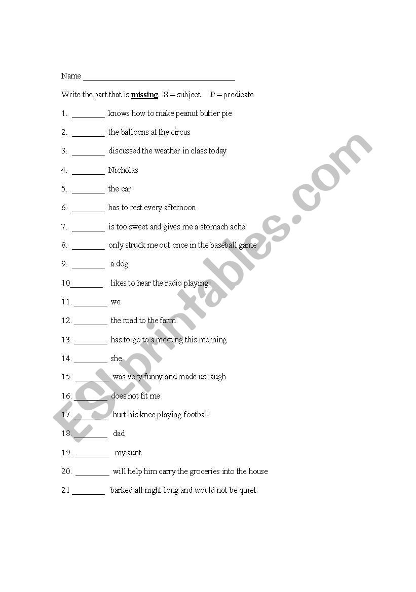 subject predicate worksheet