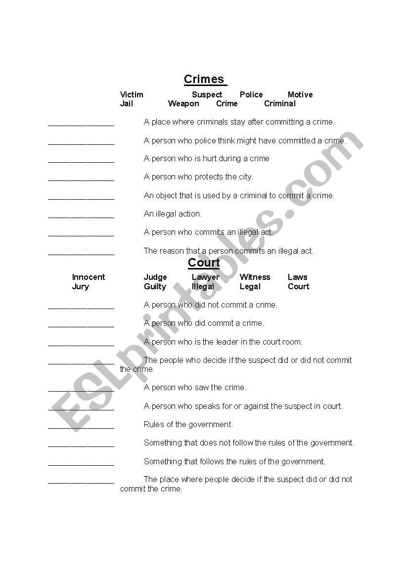 Crime and Court vocabulary worksheet