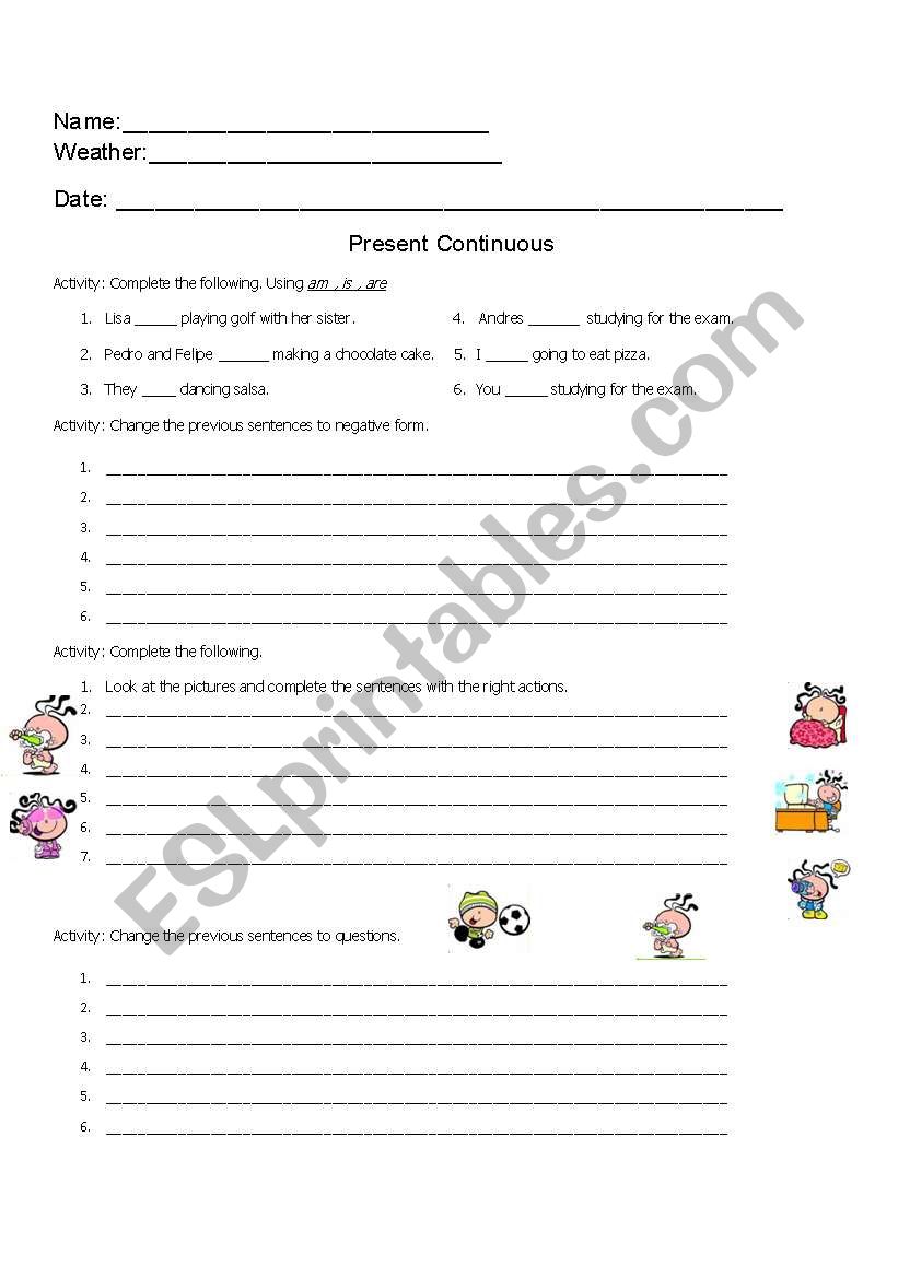 present continous worksheet