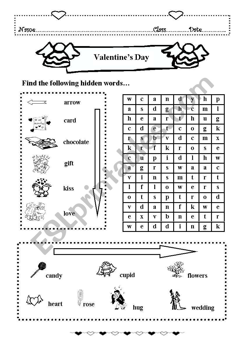 Valentine wordsearch worksheet