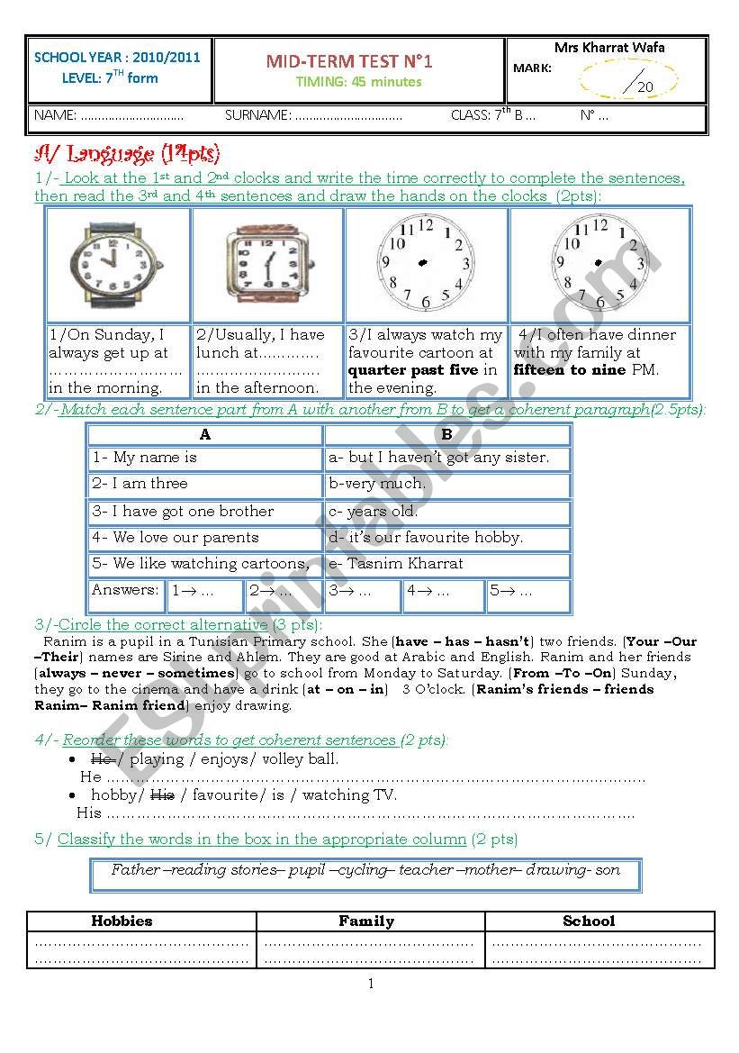 Mid-Term Test for 7th form Tunisian Students