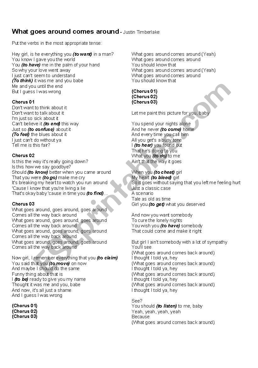 What goes around comes around worksheet