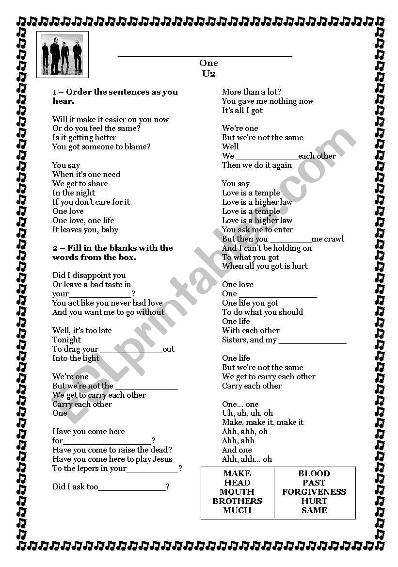 One By U2 worksheet