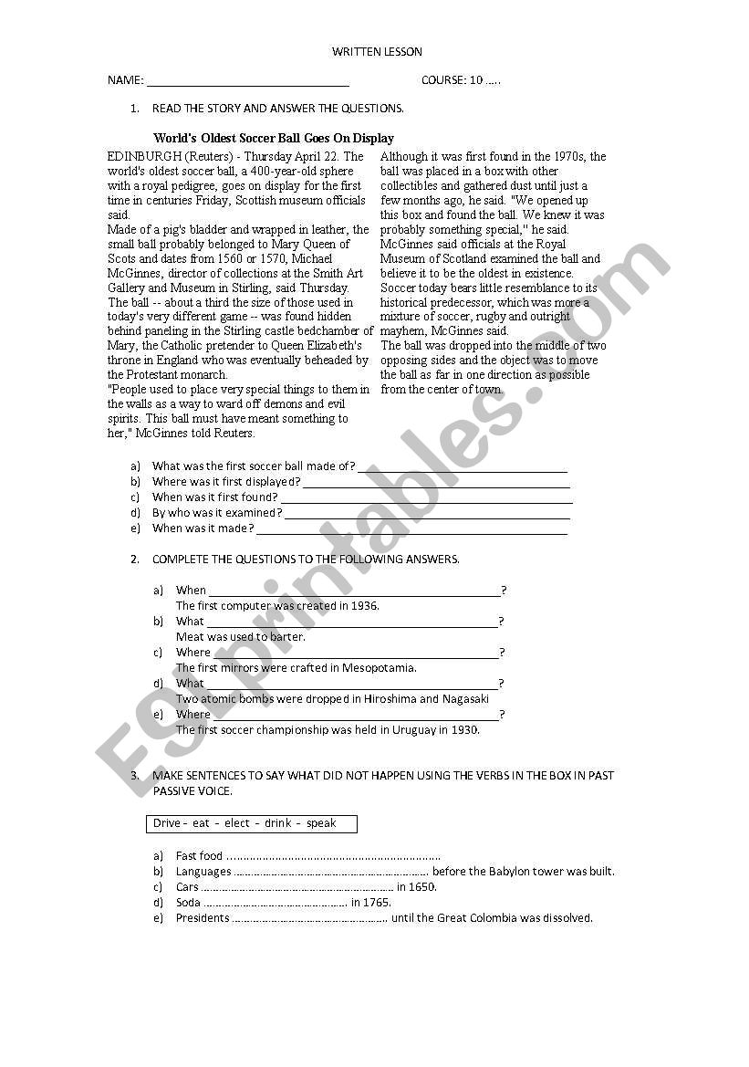 PAST PASSIVE VOICE READING worksheet