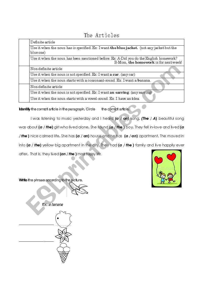 articles worksheet