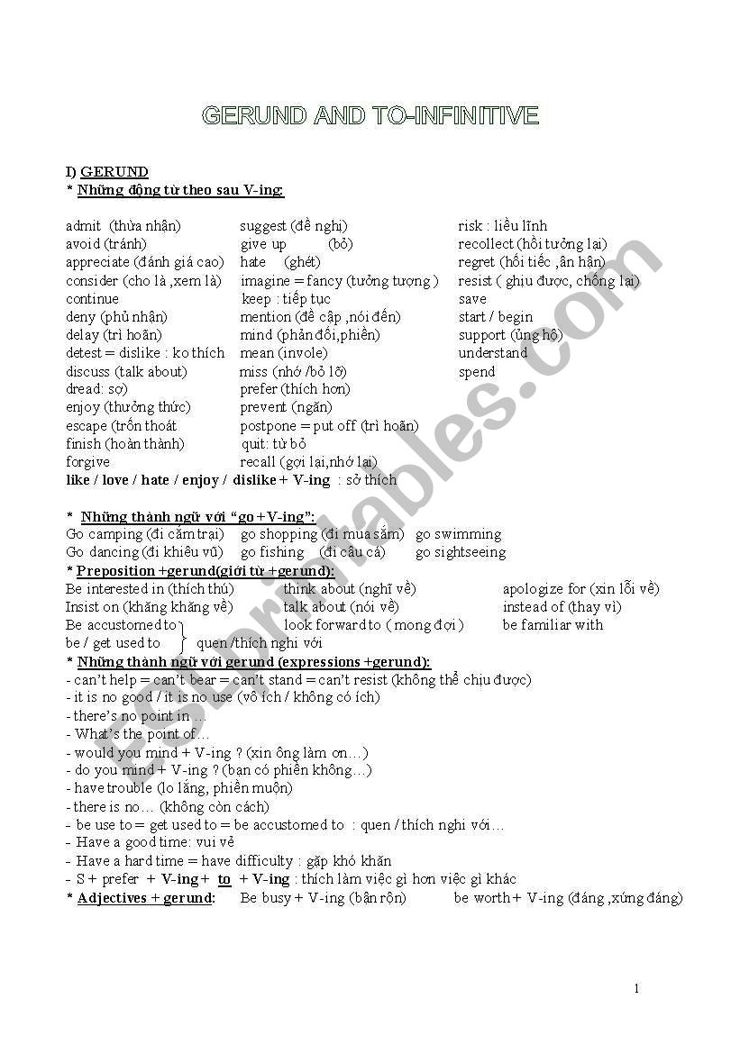 Gerund and infinitive in use worksheet