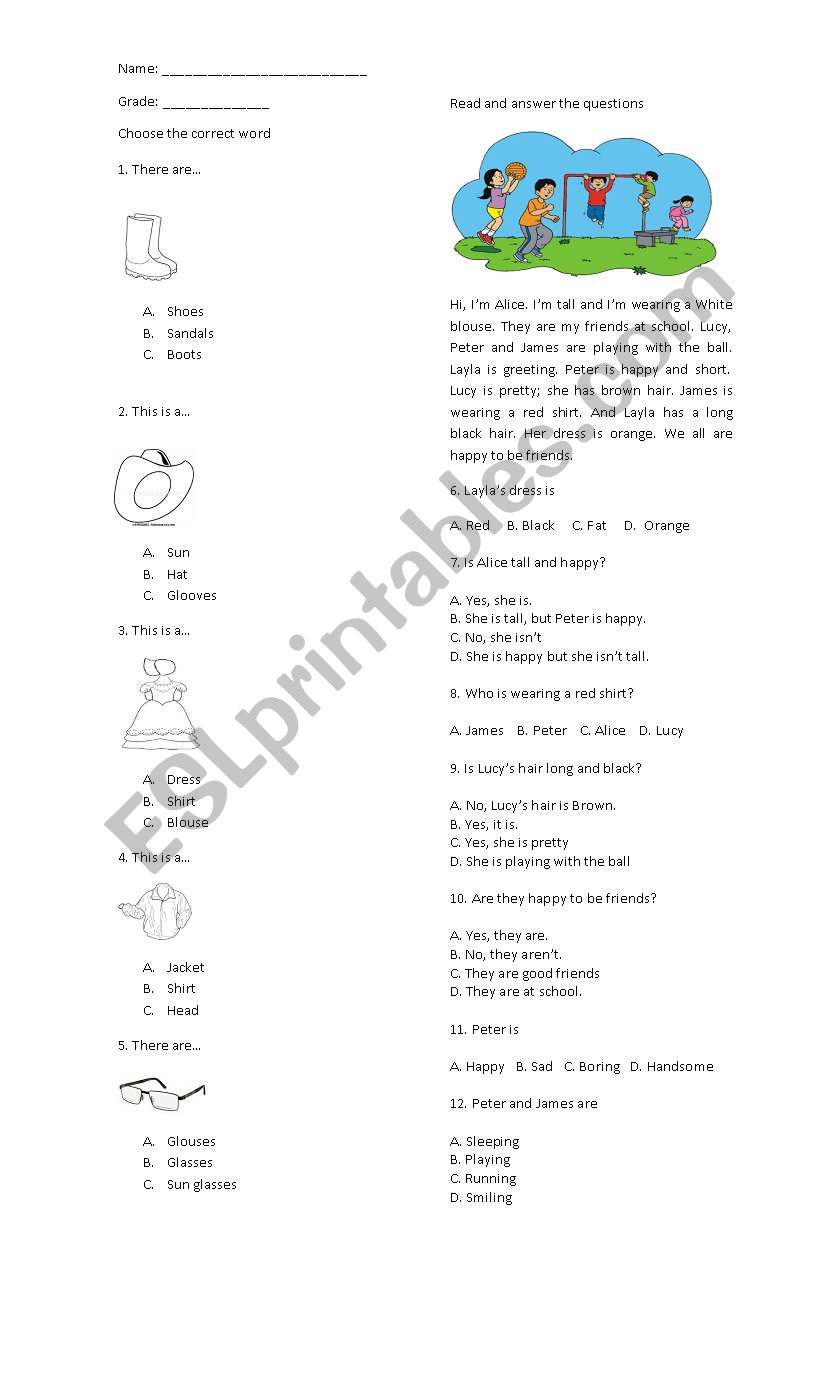 Test about verb To Be, Clothes and Colors