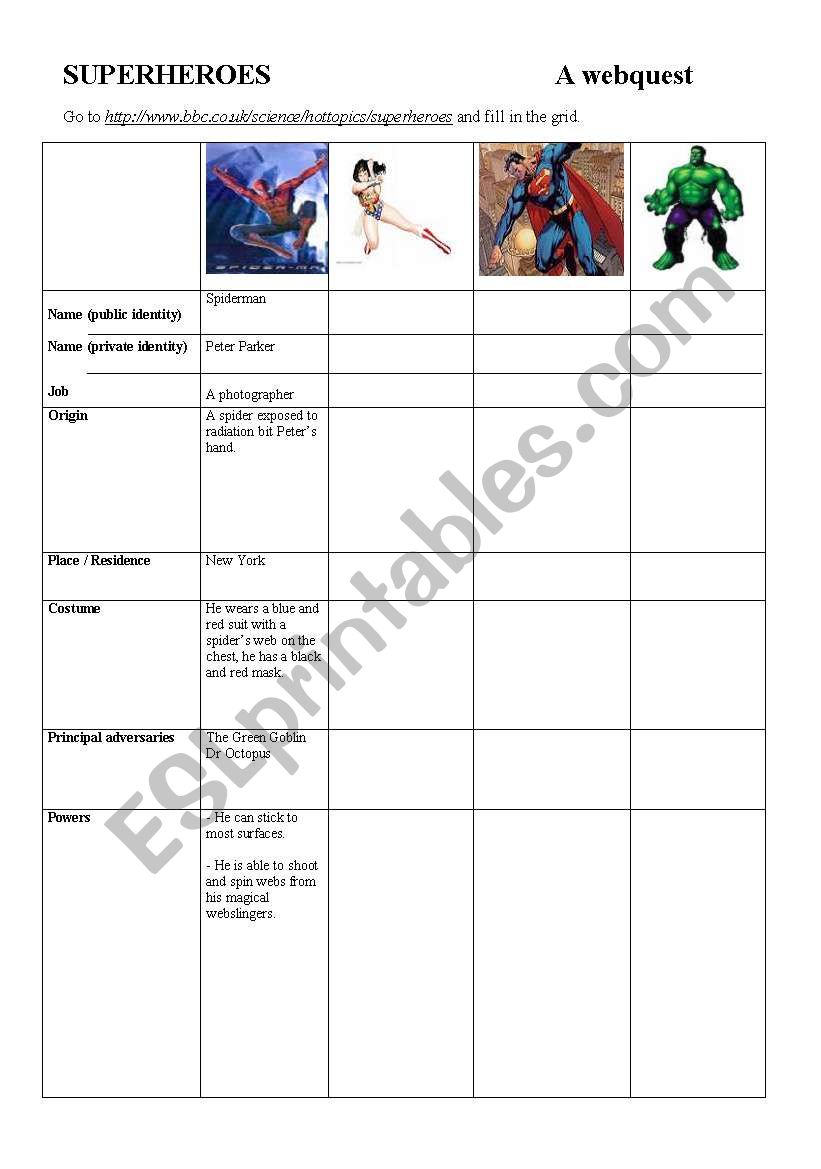 SUPERHEROES WEBQUEST worksheet