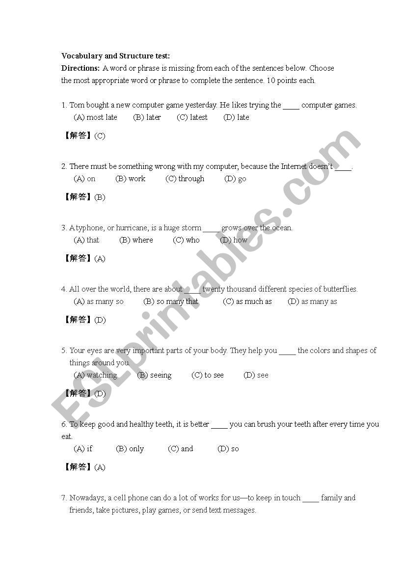A Vocabulary and Structure Test for ESL Students