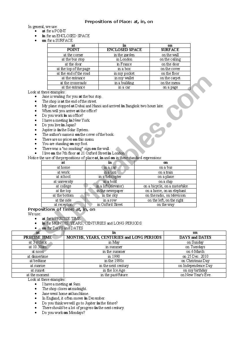 place worksheet