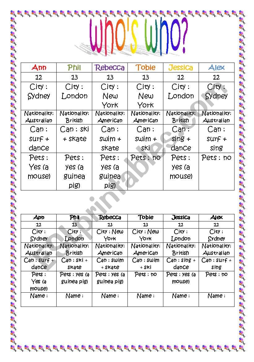 whos who? worksheet