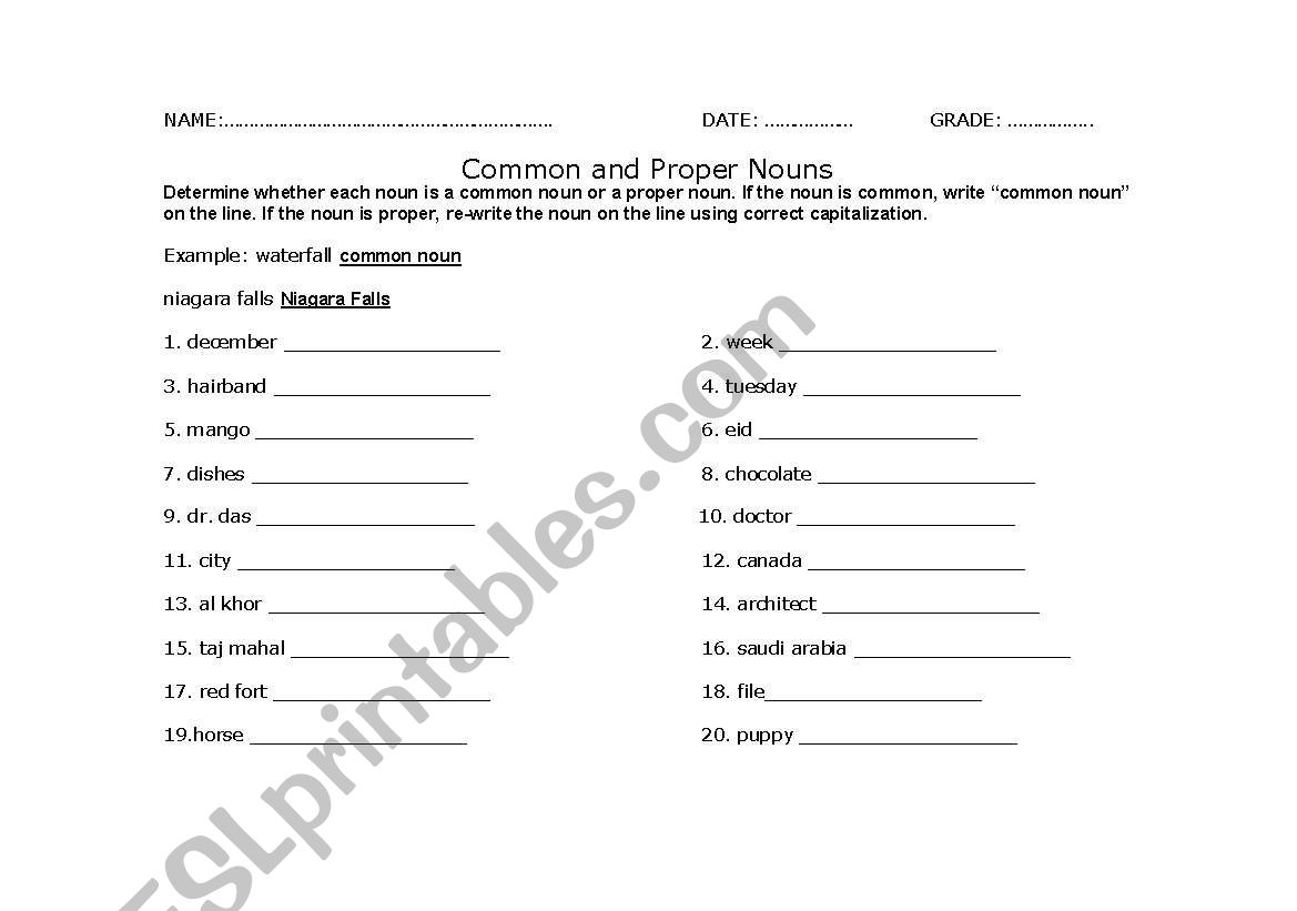 Common and Proper nouns worksheet