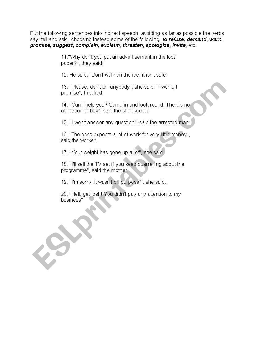 rephrasing reported speech exercise