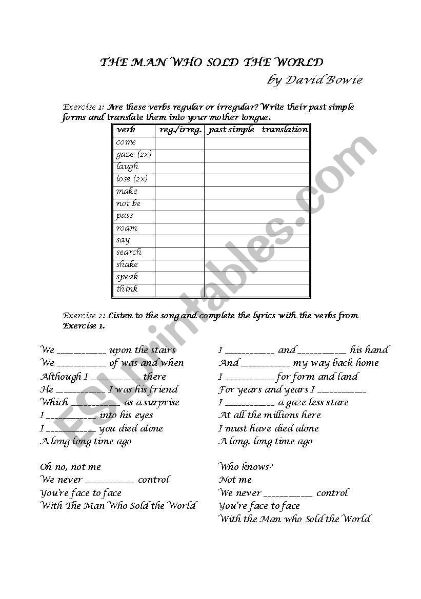 Song The man who sold the world worksheet