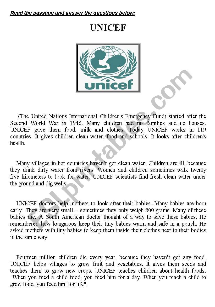 UNICEF worksheet