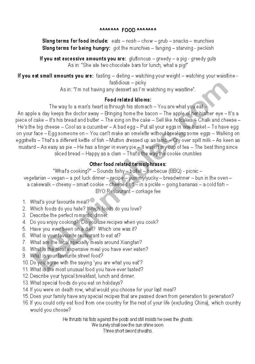 Food - Oral discussion information and prompts