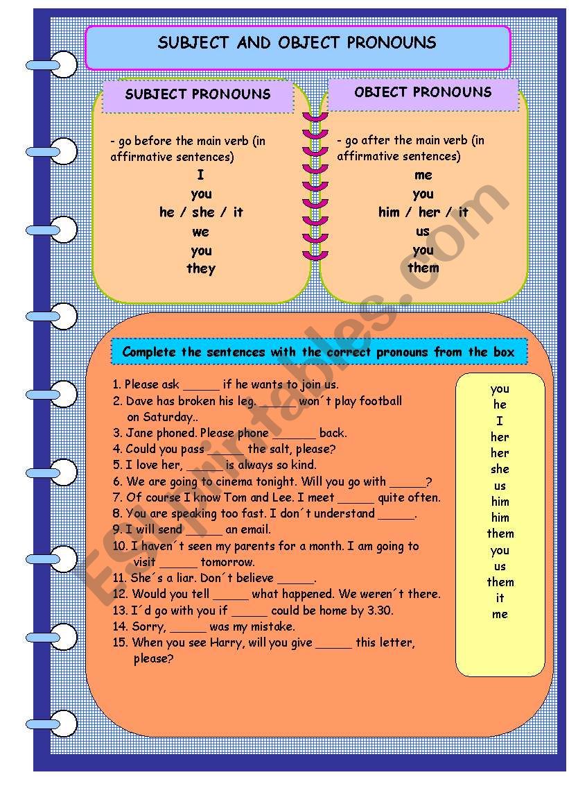 Subjective And Objective Personal Pronouns ESL Worksheet By Cibetka