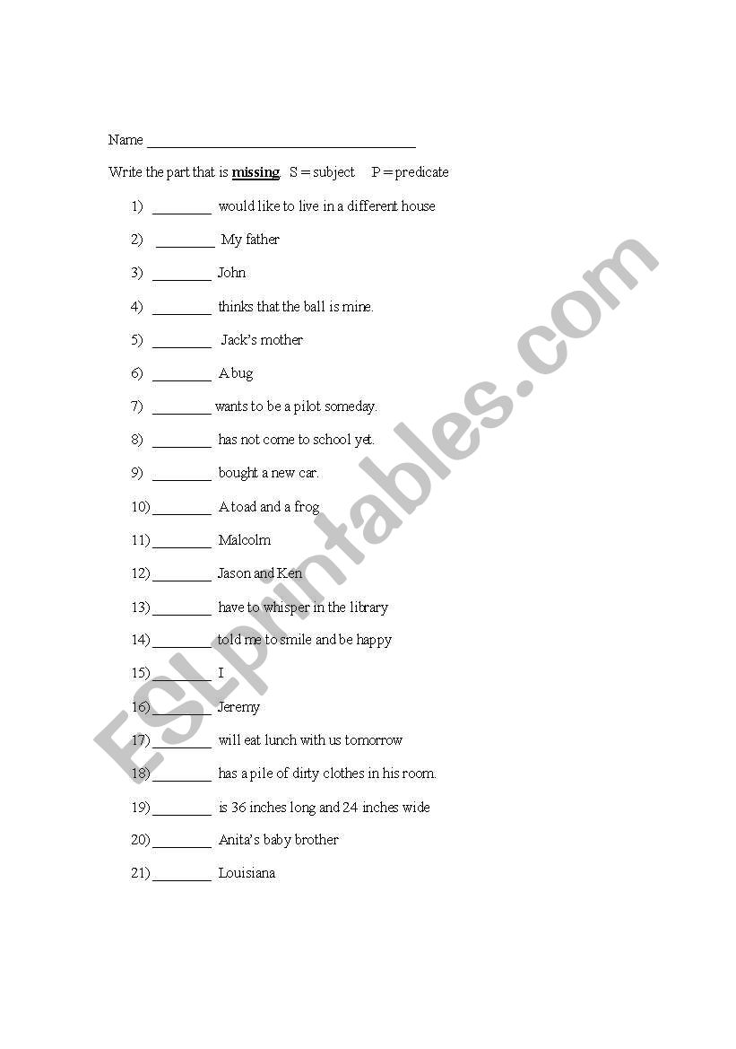 Subject Predicate worksheet