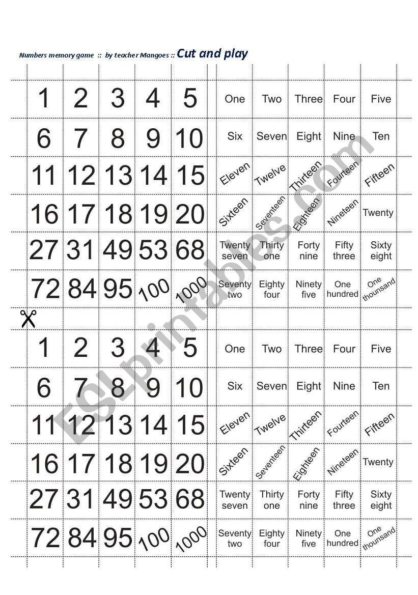 Numbers memory game worksheet