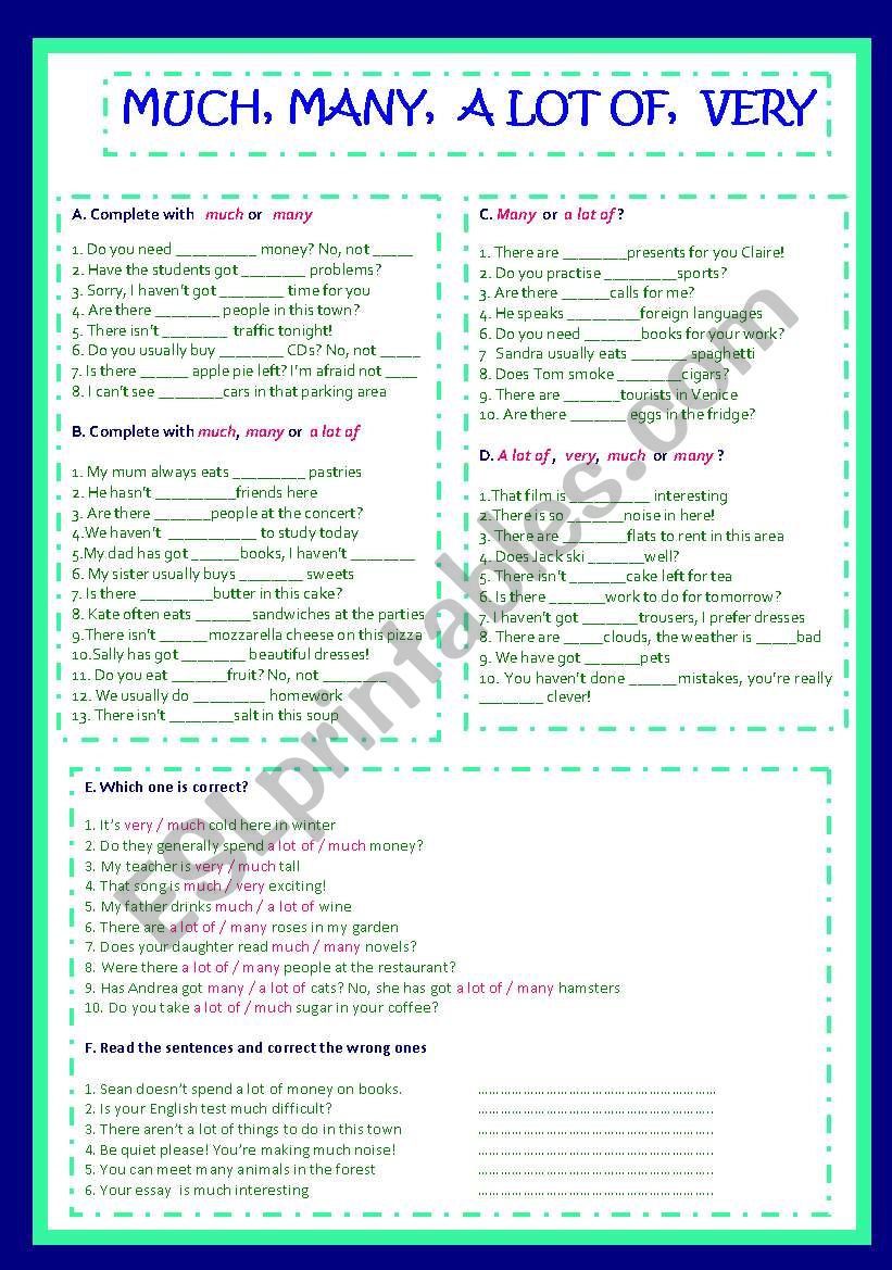 MUCH , MANY, A LOT OF, VERY worksheet MUCH , MANY, A LOT OF, VERY worksheet