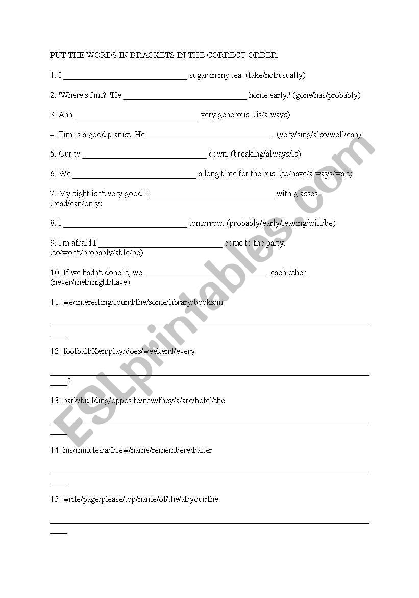 word reorder exercises worksheet