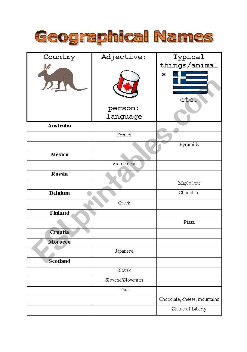 Geographical Names worksheet