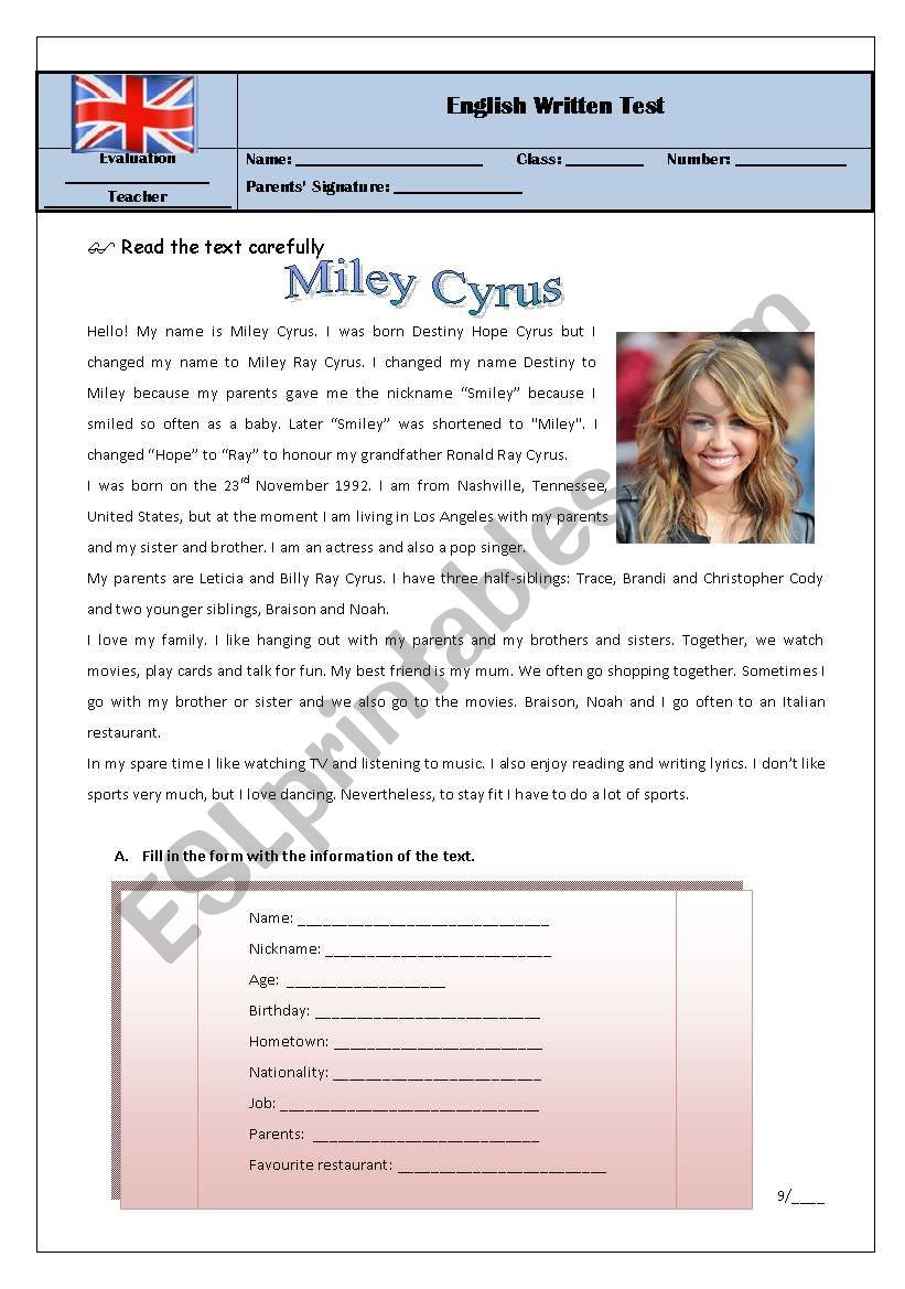 test 7th grade miley/hobbies worksheet