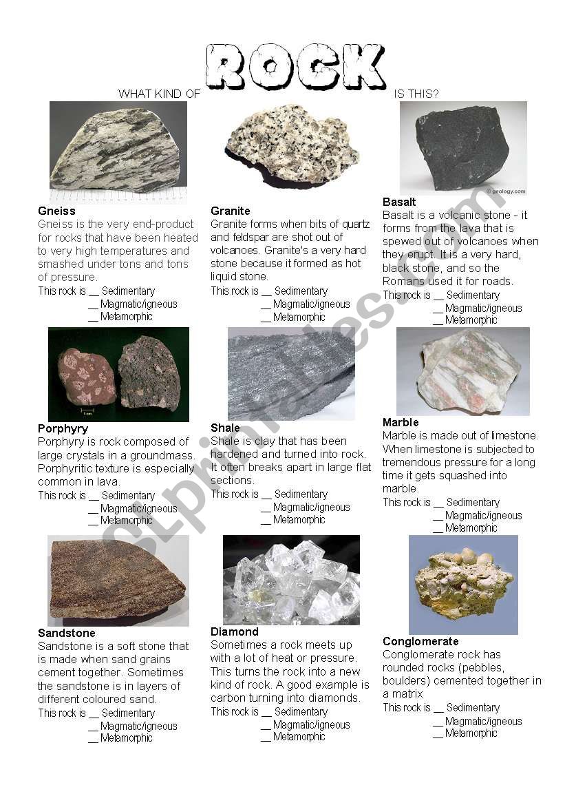 ROCKS - ESL worksheet by annaas For Types Of Rocks Worksheet Pdf