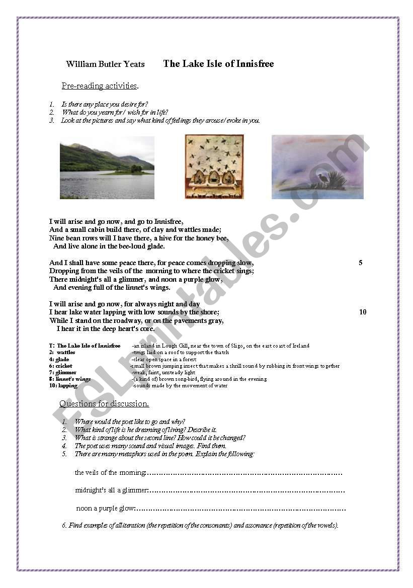 The Lake Isle of Innisfree worksheet