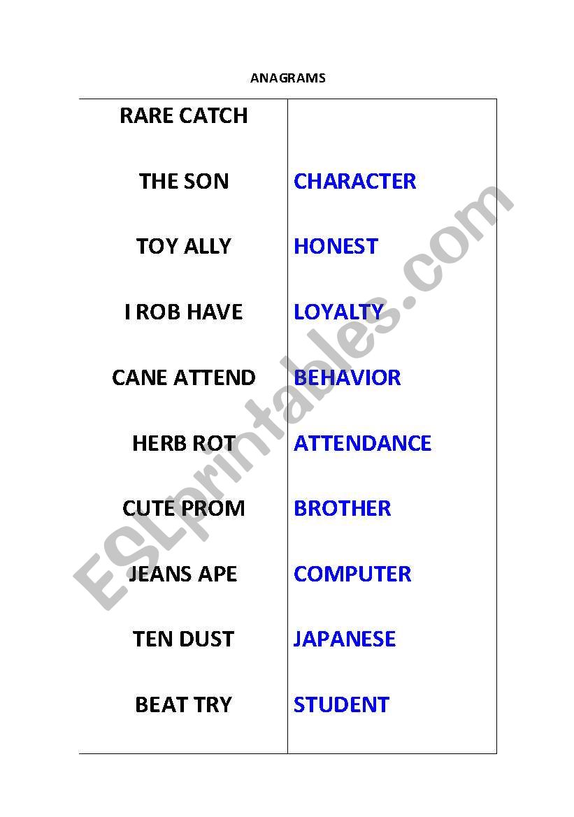ANAGRAMS worksheet