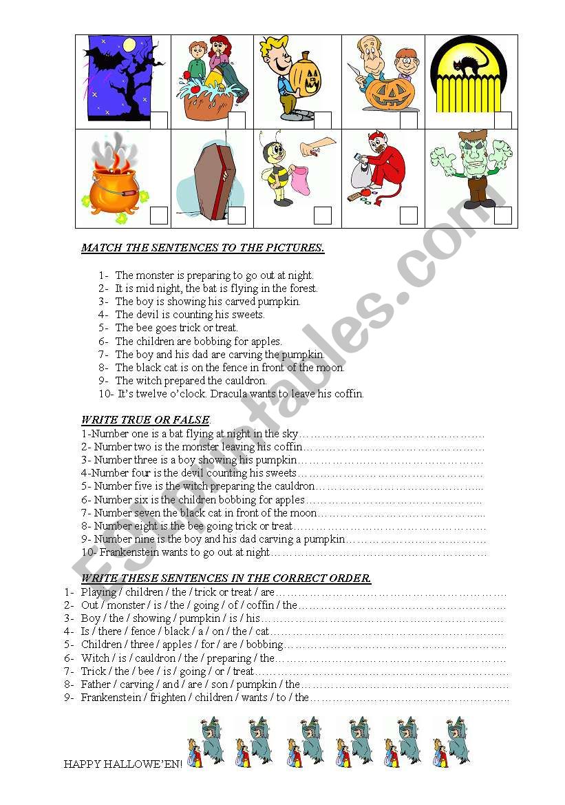 Halloween matching true or false and order sentences.