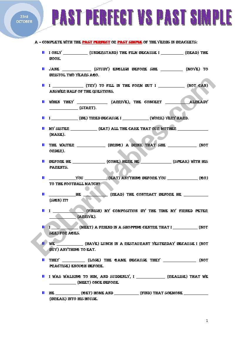 PAST PERFECT + PAST SIMPLE worksheet