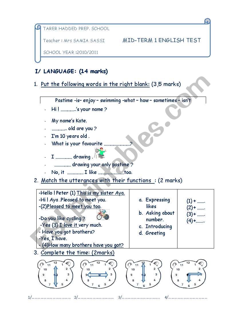 Mid term 1 test (7th form) for Tunisian pupils.