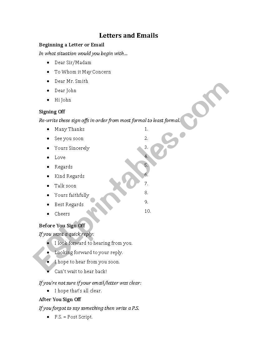 Letters and Emails worksheet