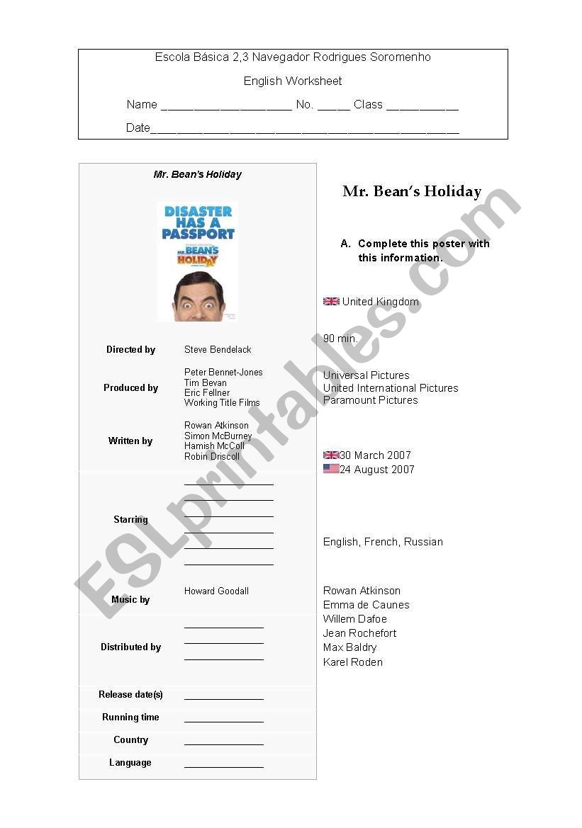 Mr Beans Holiday worksheet worksheet