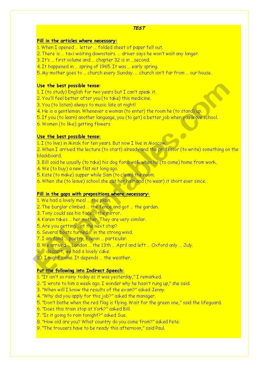 grammar test worksheet