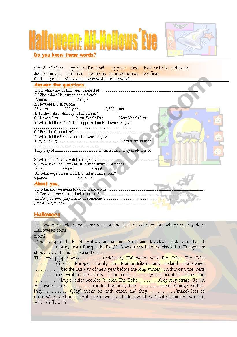 Halloween cloze worksheet