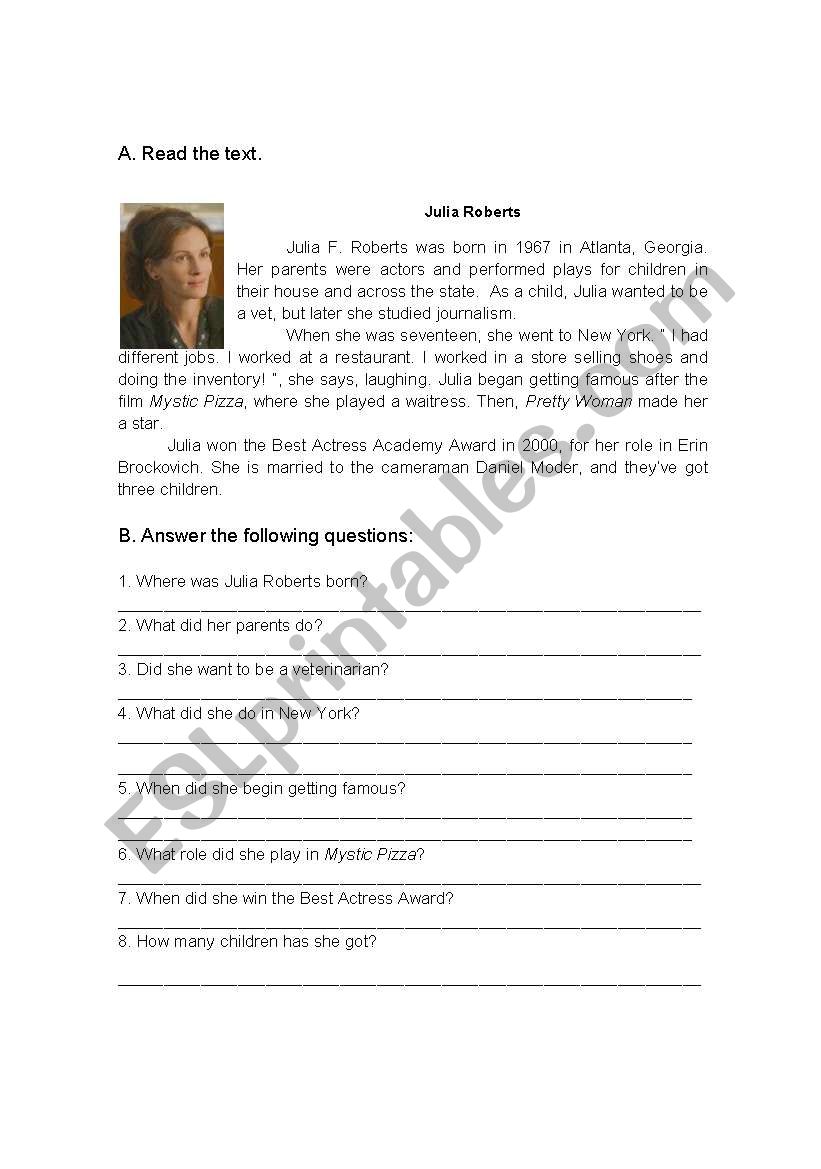 Julia Robertss biography worksheet