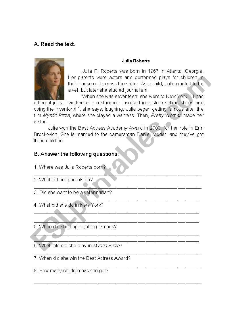 Julia Robertss biography worksheet