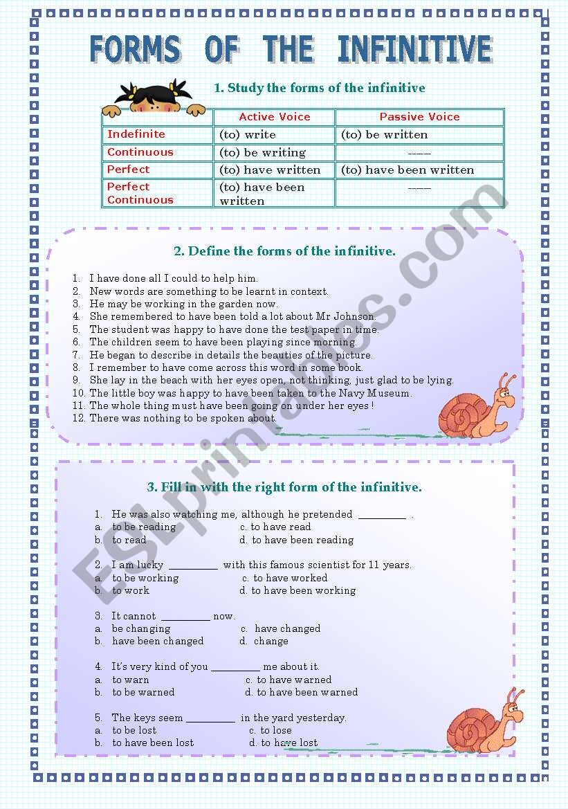 forms of the infinitive esl worksheet by joygrant