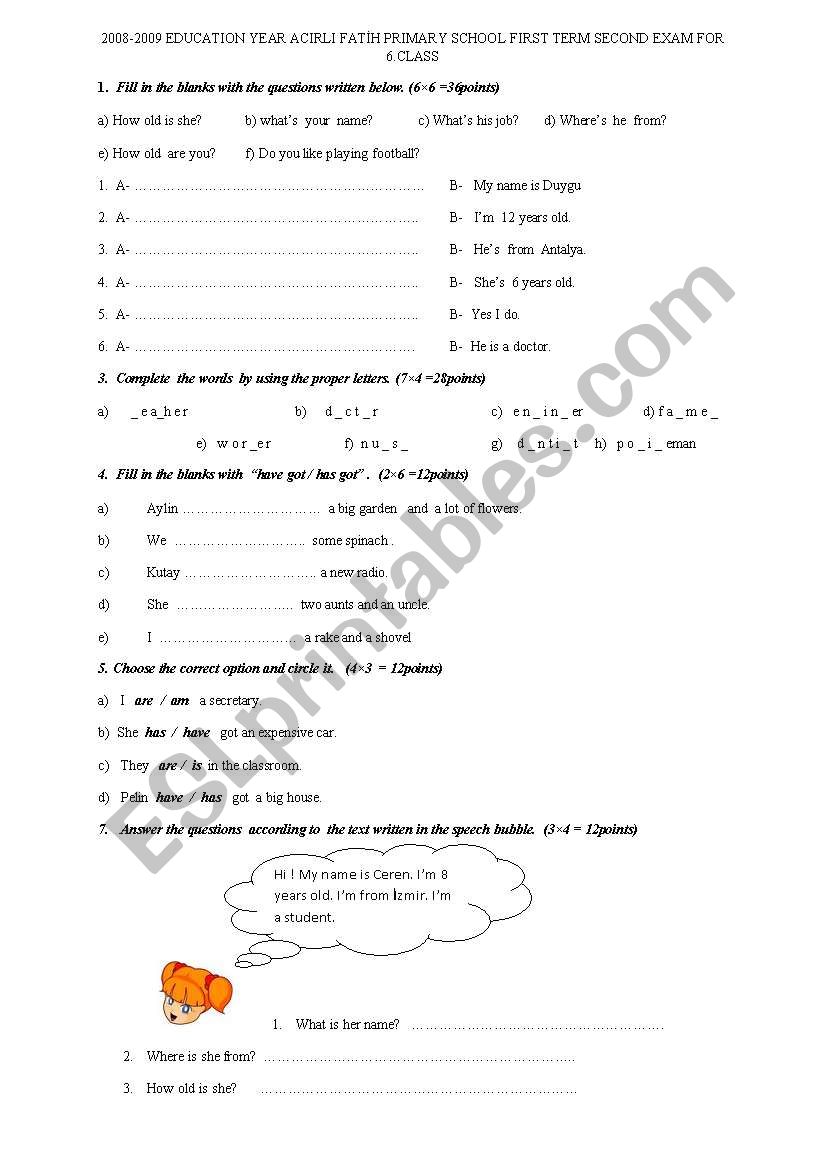 6.th grades worksheet