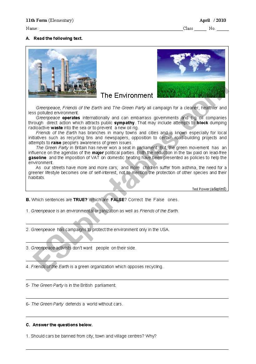 Environment worksheet