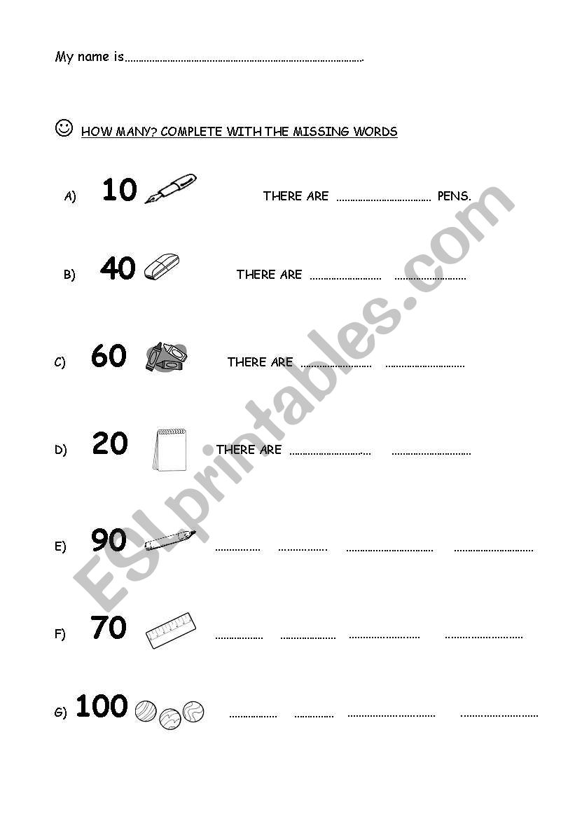 School things + numbers 10-100