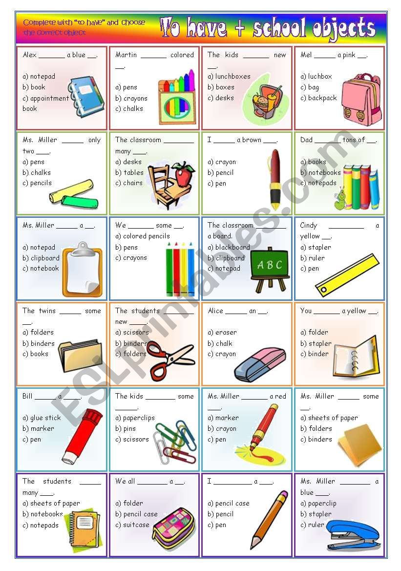 To have + school objects  vocabulary and grammar activity *editable