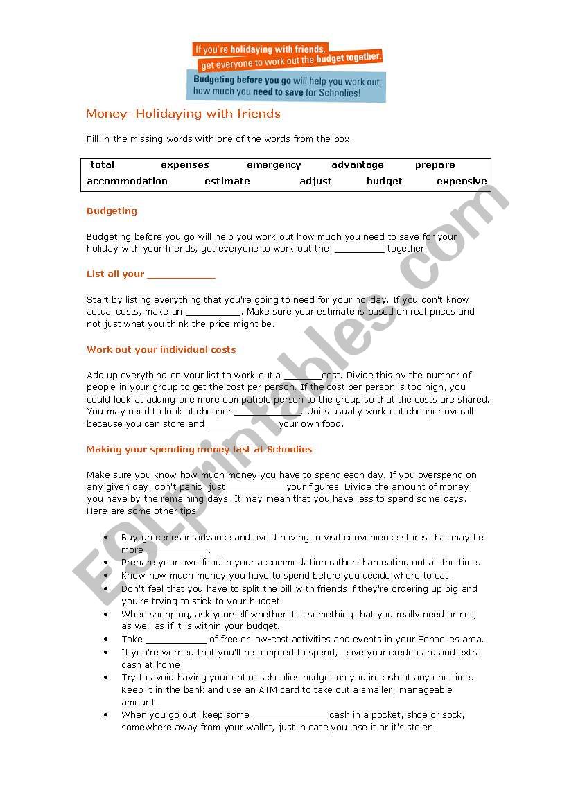 Holiday Budget Cloze Activity worksheet