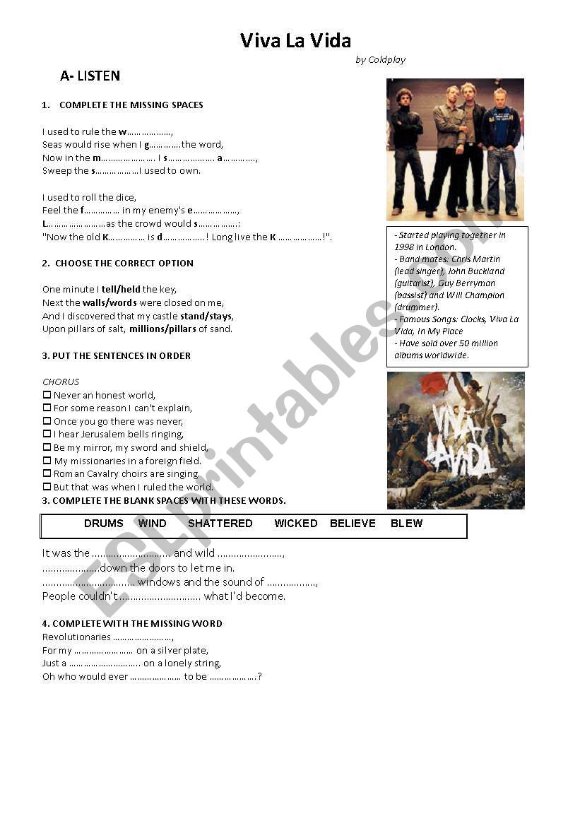 Viva La Vida by Coldplay worksheet